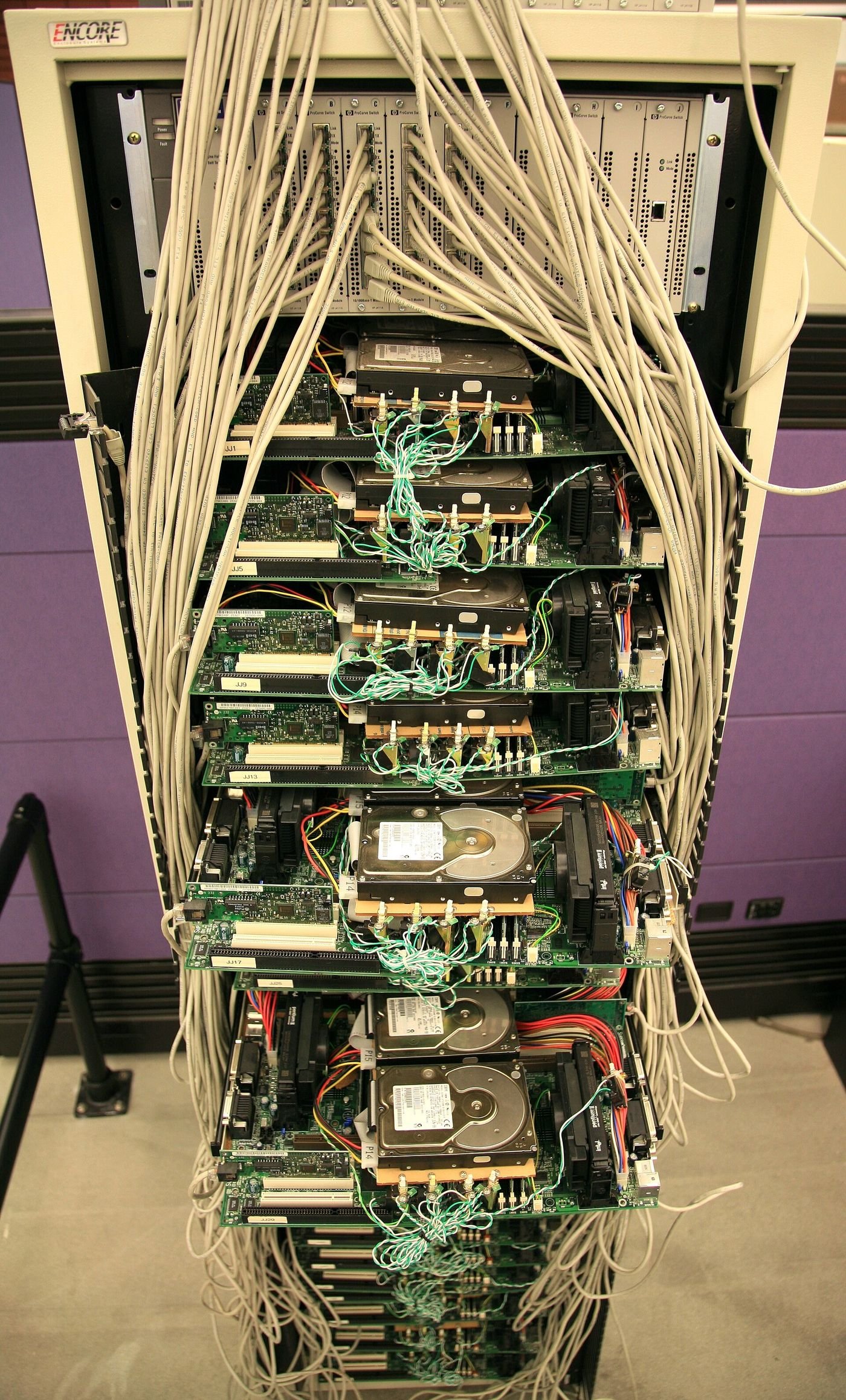 Google’s first production server, around 1999: ordinary PCs, wired by hand.