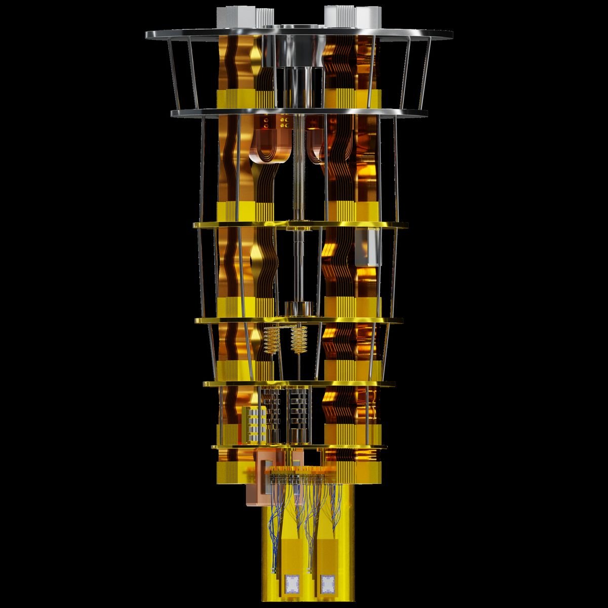 Render of a refrigerator that keeps quantum processors near absolute zero.