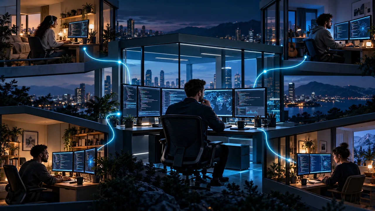 Concept image of four developers working in their own homes, connected to a coordinator in an office